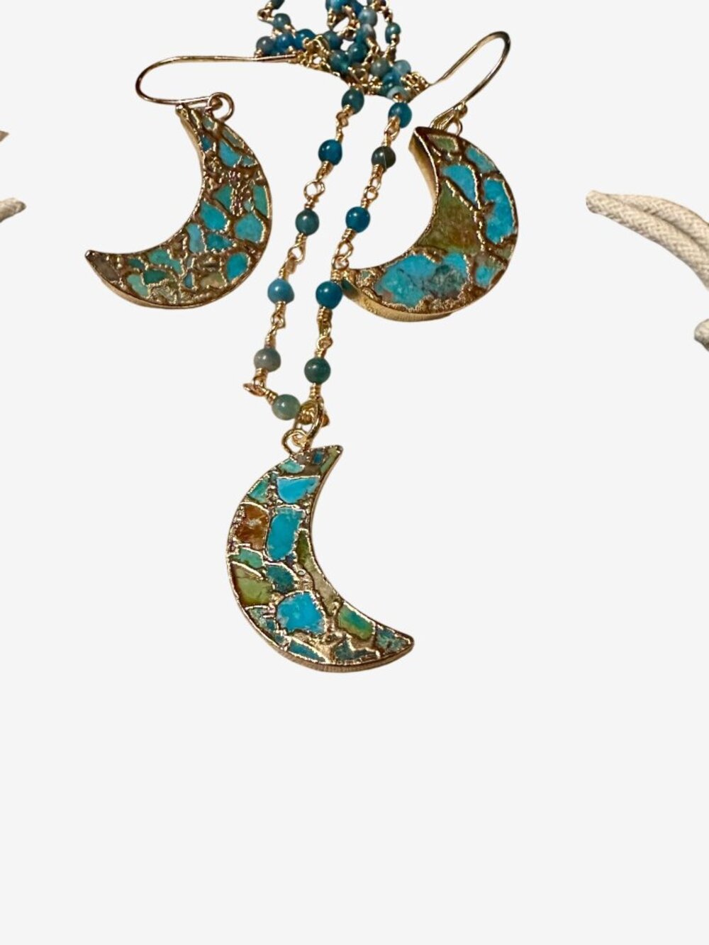 Moon Crescent Necklace & Earrings Set With Turquoise & Gold Accents - Picture 6 of 6